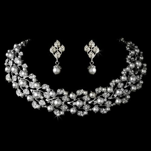 Bridal Wedding Crystal & Pearl Necklace Earrings Jewelry Set